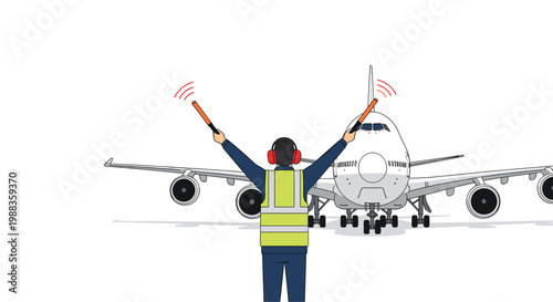An airport ground crew member in a high-visibility vest uses orange batons to signal a large white commercial airplane on the tarmac under bright light.
