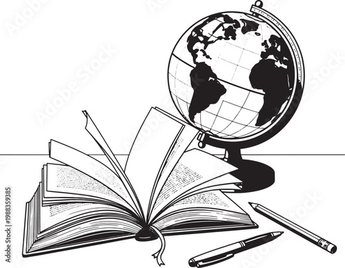 Open book with a globe and writing instruments on a flat surface flat lay education learning knowledge illustration information geography