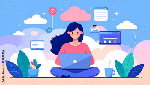 Remote Work Concept Vector Illustration, Work From Home with Laptop, Video Call Interface, Modern Flat Design