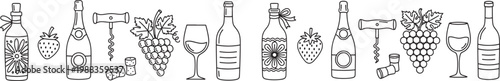 Line art illustration of various bottles glasses fruits grapes with drink container beverage drinkware restaurant celebration refreshment