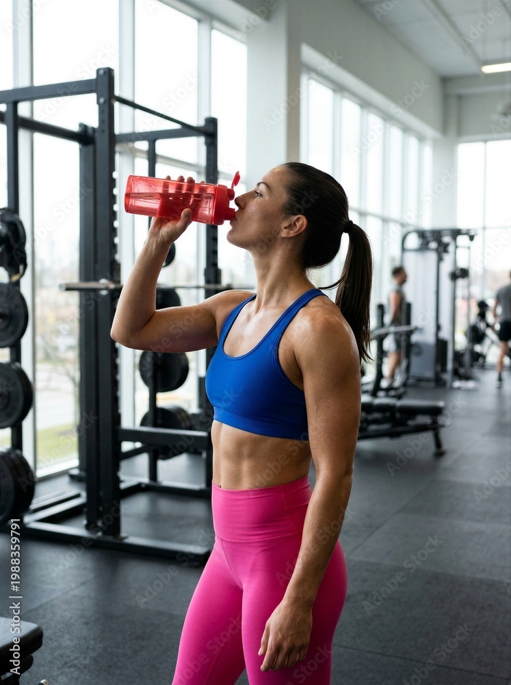Fototapeta premium Fit woman hydrating, drinking water in gym