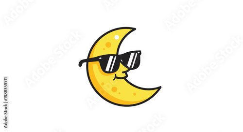 A cool golden crescent moon character featuring a confident smirk and dark sunglasses is isolated against a pristine white background for modern graphic design.