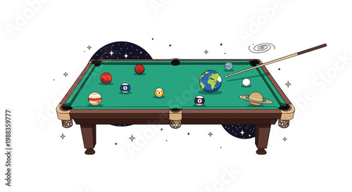 A professional green billiard table serves as a cosmic arena where various planets act as pool balls while a wooden cue stick targets the planet Earth.