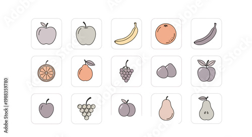 Minimalist Fruit Icons on White Background Representing Dietary Diversity and Freshness