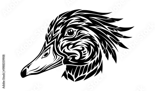 Tribal duck head vector tattoo logo design black ink animal illustration