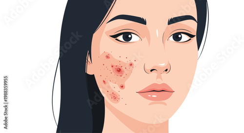 A detailed close-up illustration of a young woman with long black hair reveals significant red acne blemishes across her cheek against a neutral background.