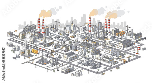 An expansive isometric industrial district features a complex network of grey factory buildings and storage tanks with chimneys emitting orange smoke.