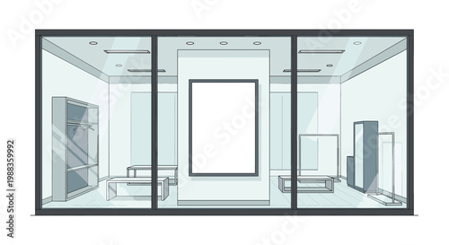 A spacious clothing boutique interior features empty metal garment racks and a large blank vertical poster frame centered on a clean white wall partition.