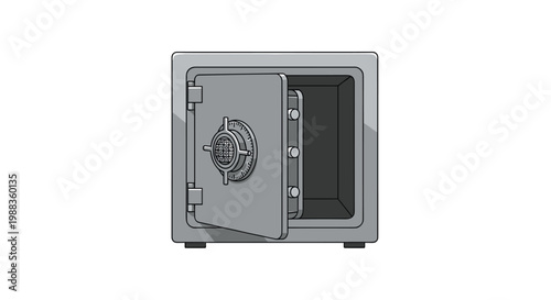 Meticulous grey metal safe with an open door displays its internal locking bolts and a complex combination dial on the front against a white background.