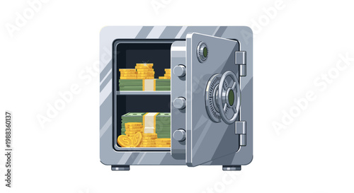 Heavy grey steel safe door stands wide open revealing neat stacks of green banknotes and piles of shining gold coins inside a dark interior chamber.