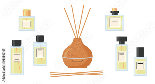 Elegant wooden essential oil diffuser with long reeds is surrounded by various glass perfume bottles containing light yellow liquid on a white background.