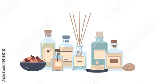 A minimalist flat vector illustration displays a serene arrangement of various glass apothecary bottles alongside a tall reed diffuser and a small glowing candle.