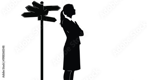  Silhouette of Businesswoman at a Crossroads, Career Decision Making and Direction Concept
