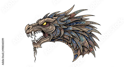 Intricate mechanical dragon head vector, ornate steampunk mythical creature illustration, metallic fantasy dragon profile with gold and blue armor plating
