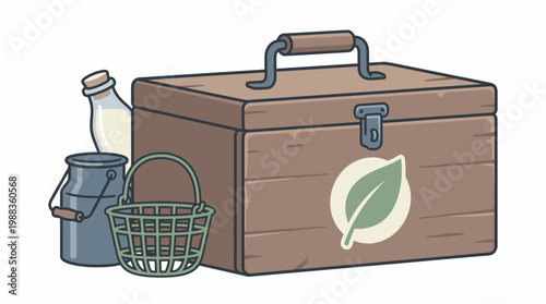 Wooden chest with dairy and produce basket