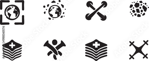Global network and medical data infrastructure silhouette icon set