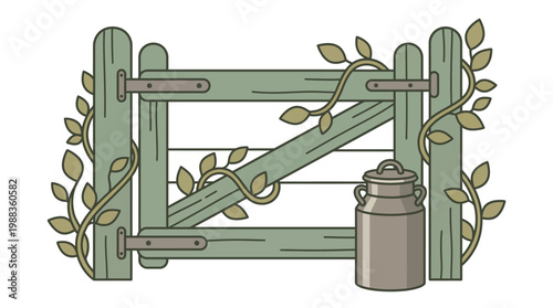 Country Gate with Milk Can Illustration