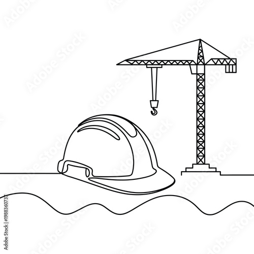 Continuous line drawing of a construction crane and a safety helmet, representing construction industry and worker safety.