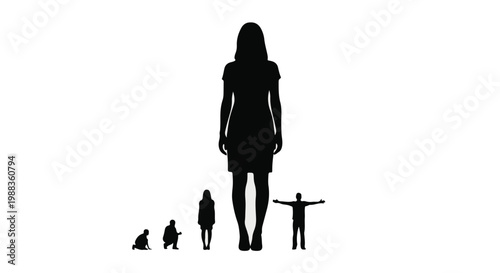 Silhouette of woman with family and dog walking together outdoors in nature, happy and healthy lifestyle