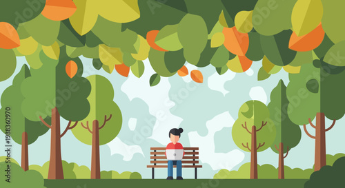 A serene illustration captures a young person productively working on a laptop while comfortably seated on a park bench amidst lush foliage.