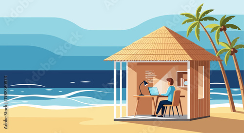 An inspired person focuses on their computer within a charming seaside bungalow, embracing the digital nomad lifestyle amidst a beautiful coastal landscape.