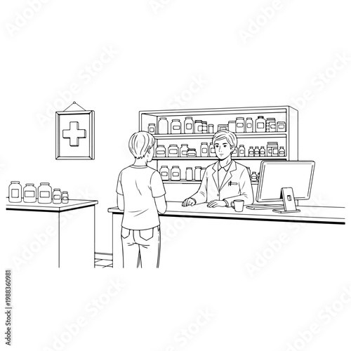 Interior view of a modern pharmacy with a pharmacist serving a customer at the counter for healthcare medicine retail shop and medical consultation service concept illustration on white background.