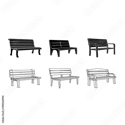 Outdoor park wooden bench set for urban city furniture garden landscape architecture and public seating area relaxing parkland environment design elements isolated on white background collection.