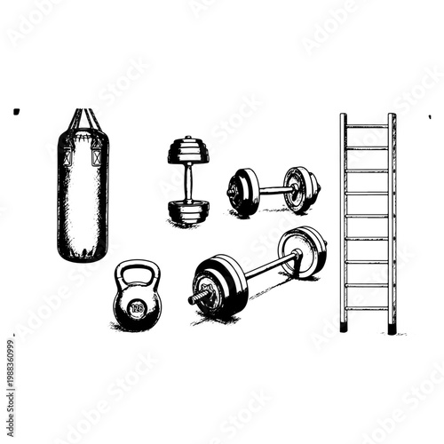 Fitness gym workout equipment set including dumbbell barbell kettlebell and boxing bag for bodybuilding strength training and healthy lifestyle sports icons isolated on white background collection.