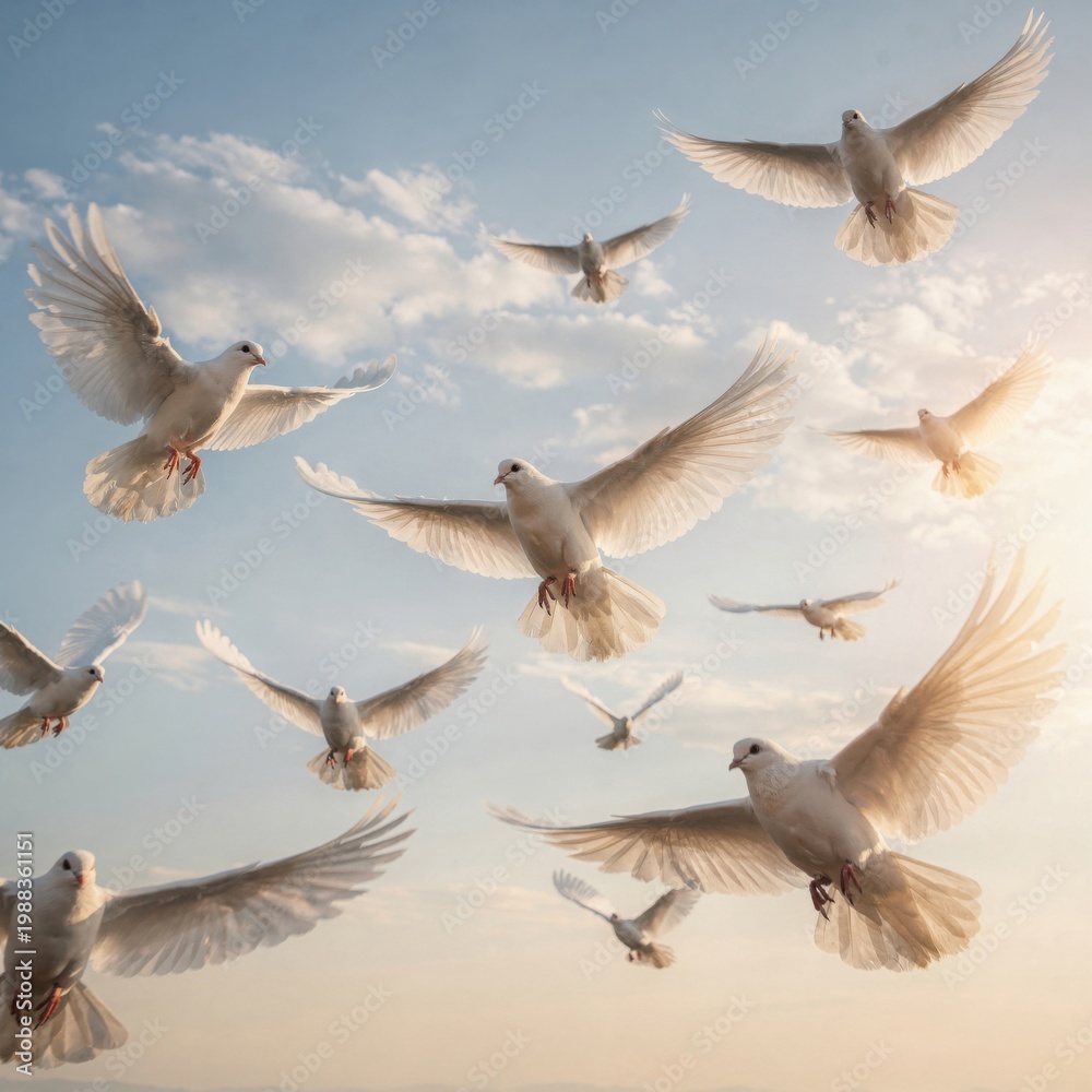 Obraz premium flock of white doves flying in blue sky