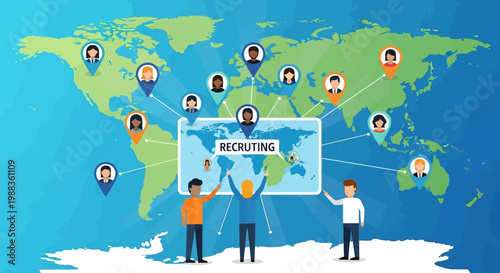 Global recruitment concept illustration depicting diverse individuals connected across a world map, symbolizing international talent acquisition and business networking.