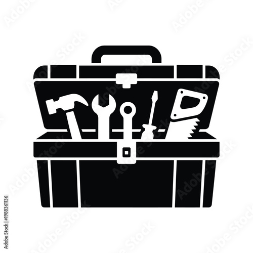 Open black toolbox with various hand tools including a hammer, wrench, screwdriver, and saw.