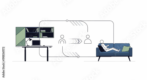This minimalist illustration elegantly portrays the modern dynamic between focused professional remote work and comfortable personal relaxation, highlighting digital connectivity.