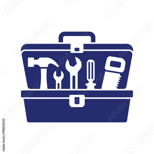 Open toolbox icon containing diverse construction instruments such as hammer saw wrench and screwdriver on transparent background.