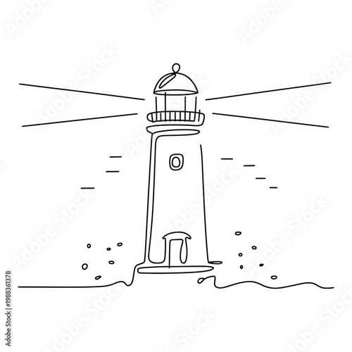 Lighthouse line art illustration with beam rays and sea waves minimalist nautical tower sketch isolated on transparent background.
