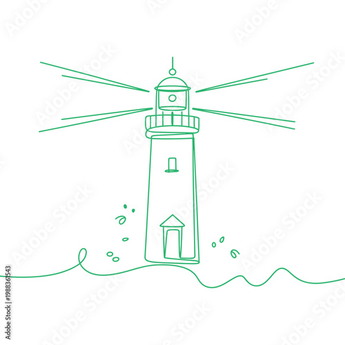 Green lighthouse continuous line drawing showing beacon rays and ocean waves minimalist nautical sketch on transparent background.