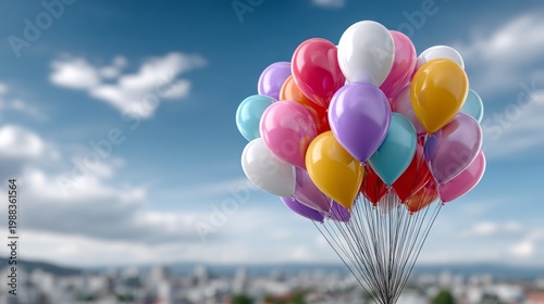Colorful balloons floating above a city landscape with clear skies in the background