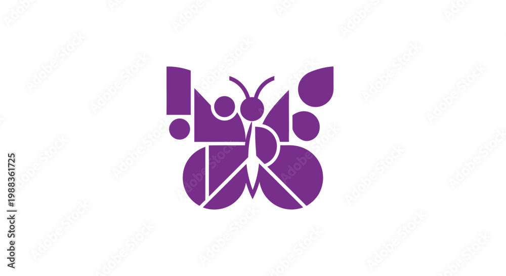 Fototapeta premium Abstract Geometric Purple Butterfly Symbol Design on White Background, Minimalist Aesthetic