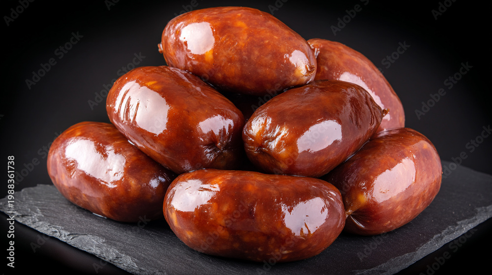 Obraz premium A pile of shiny brown sausages on a slate