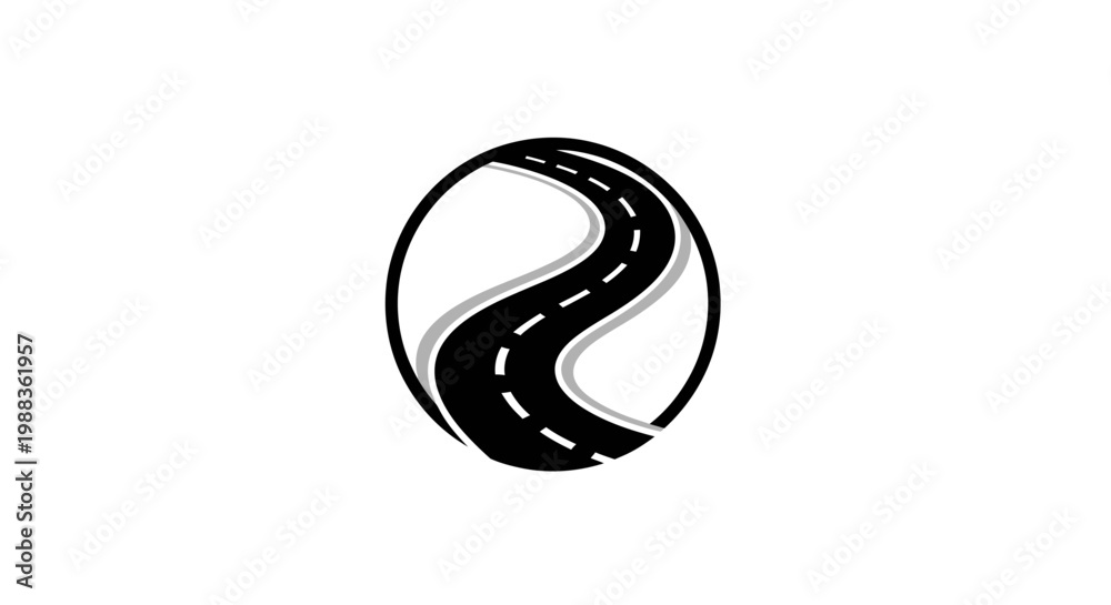 Fototapeta premium Abstract road design within a circle symbol representing journeys and pathways in monochrome