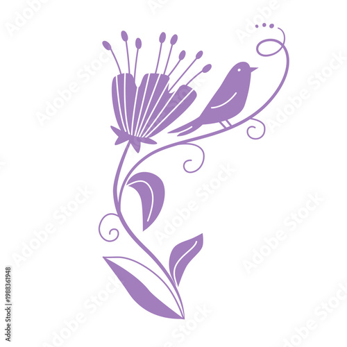 Purple bird and floral element in folk art style. Vector illustration of bird on branch with flowers, isolated on white. Decorative design for logo, cards, wedding and textile prints.