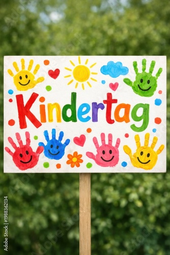 kindertag sign with colorful handprints and smiley faces