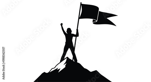 Victorious person standing on mountain peak waving flag in triumph achievement success concept