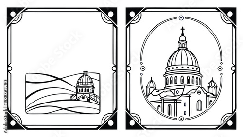 Two framed black and white illustrations depict architectural scenes with domes and landscapes