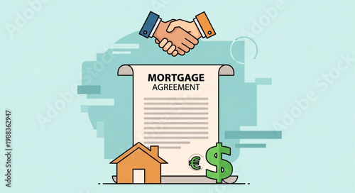 Mortgage Agreement Handshake and House Icon with Dollar Sign.
