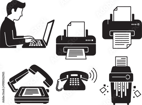 Black and white office equipment printer telephone laptop