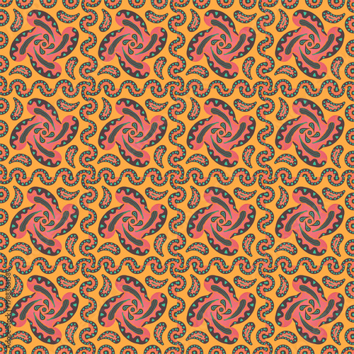 Seamless paisley pattern with bohemian ethnic ornaments on orange background. Template for Pattern, textile, Gift wrapping paper, and etc.