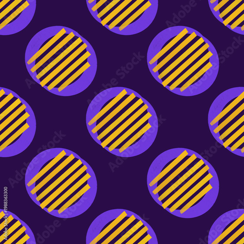 Modern Abstract Seamless Pattern with Purple Circles and Yellow Stripes. Template for Pattern, textile, Gift wrapping paper, and etc.