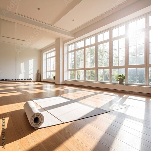 Sunlit empty yoga studio interior with rolled mat on wooden floor, serene atmosphere, wellness space, meditation room, healthy lifestyle, fitness background