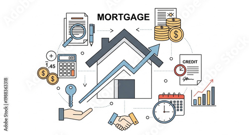 Mortgage concept with house graph and financial elements.