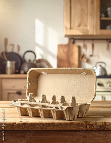 Empty cardboard egg carton sitting on a rustic wooden kitchen counter, sustainable packaging, food storage, grocery shopping, eco friendly materials